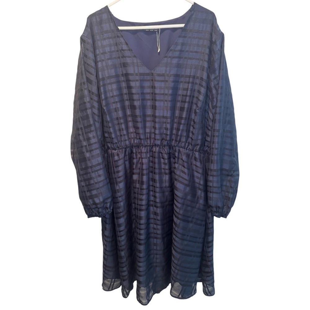 BloomChic Womens Navy Blue Plaid V-Neck Long Sleeve Chiffon Dress 26 Casual Chic